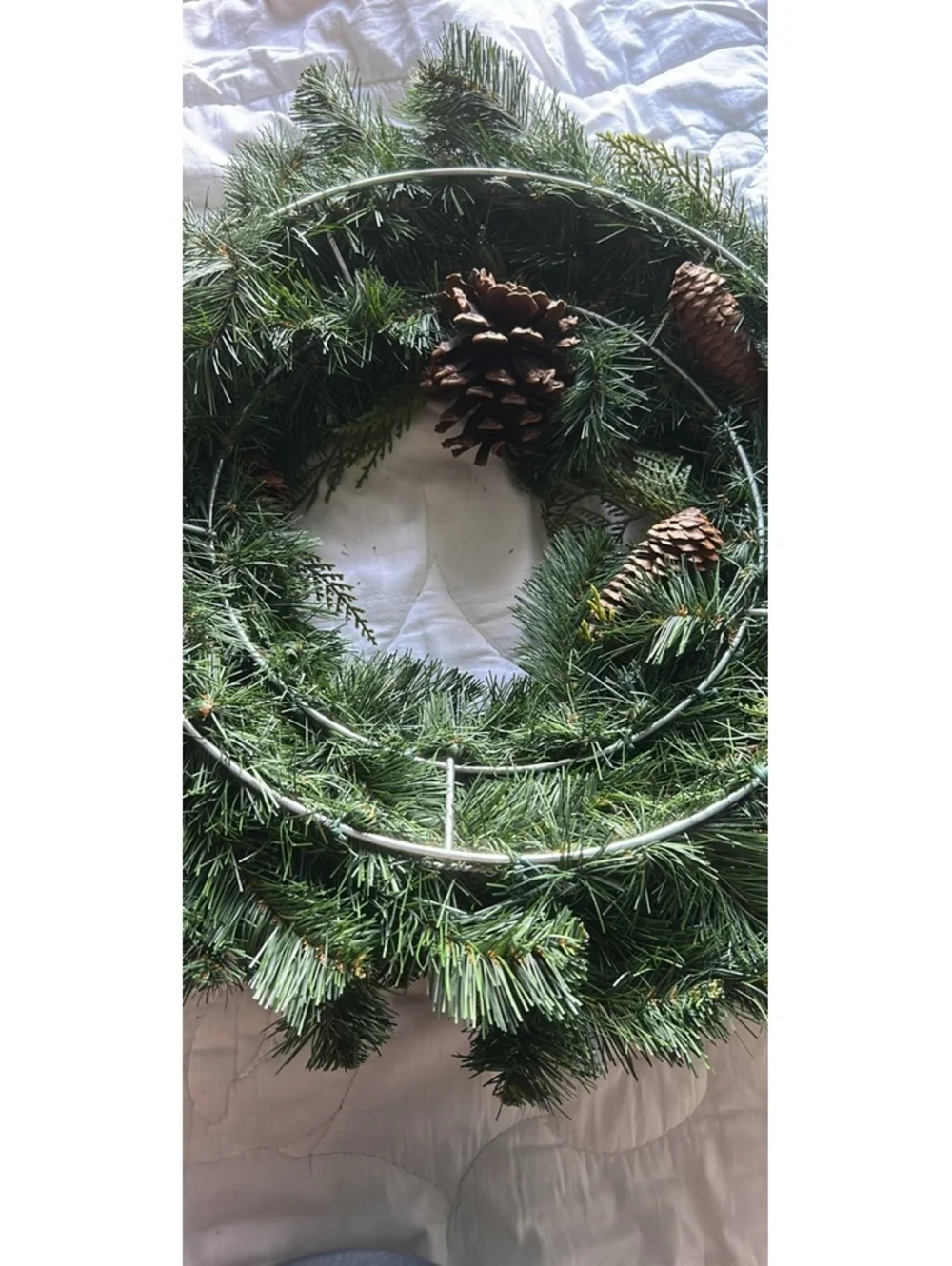 Green Pine and Cedar Holiday Wreath with Pinecones